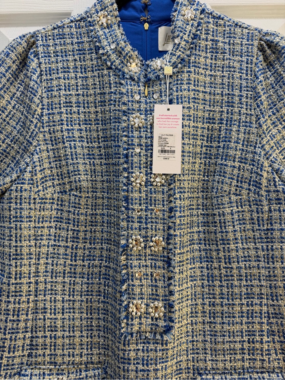 Lilly Pulitzer Teddy Blue and Gold Tweed Jeweled Dress - Picture 4 of 6